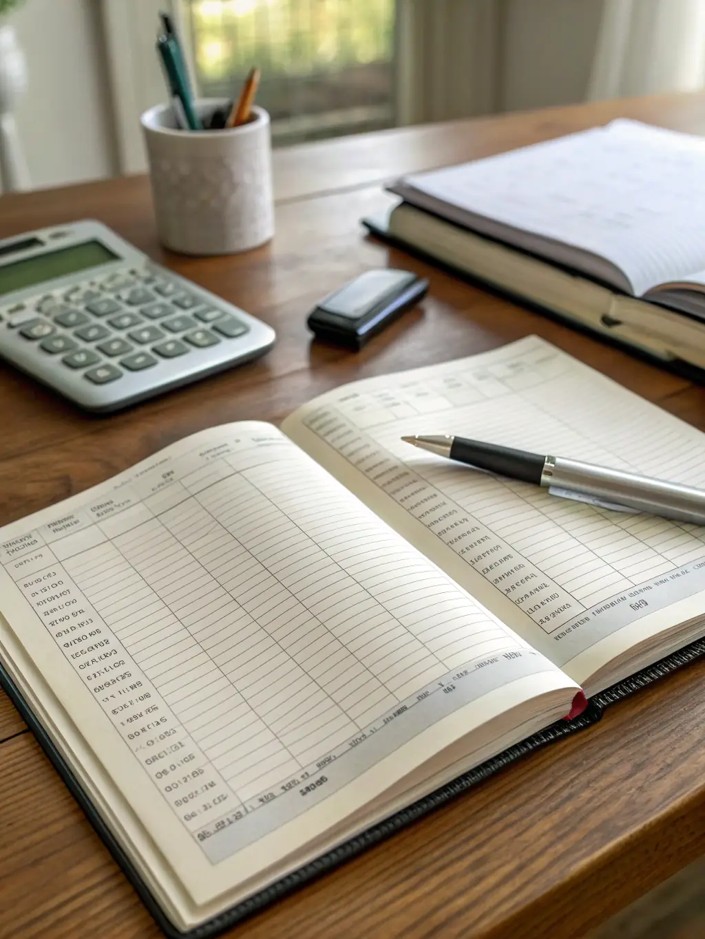 A close-up shot of a meticulously organized ledger, symbolizing accurate and reliable accounting services for AMRE Management Services.